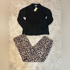 NWT Pajamas Set Black Leopard Button Down